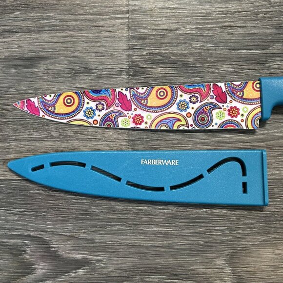 Farberware Knife 8" Chef with Cover Paisley Multicolor Nonstick Stainless Steel - Picture 2 of 5